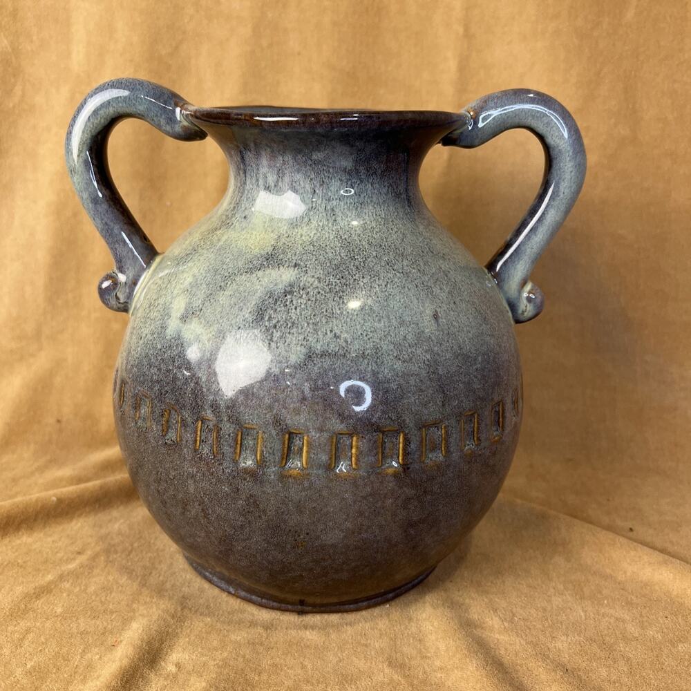 Creative Co-Op Stoneware Vase Two Handles‎ Blue Glaze 9 In